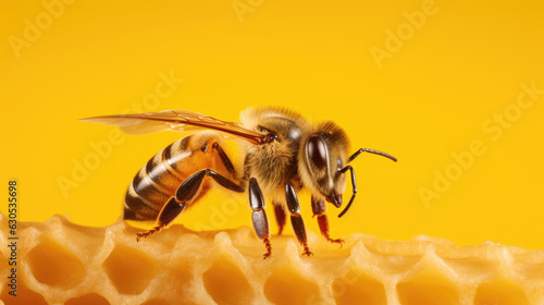 Honeybee, yellow background, macro photo