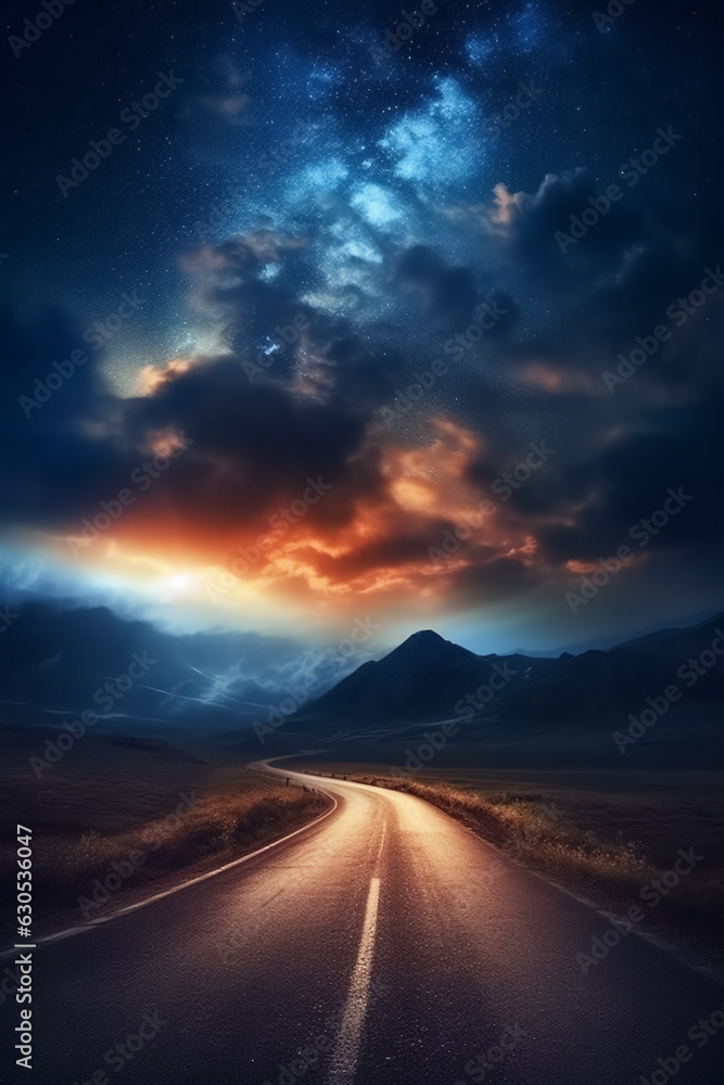 A road leading to distance in a mountain valley with a milky way in the background. Generative AI.