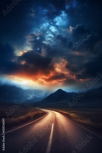 A road leading to distance in a mountain valley with a milky way in the background. Generative AI.