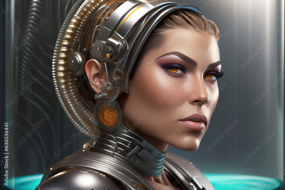 A beautiful cybor and brunette woman with the body of a robot in a research laboratory. Generative AI_60. A beautiful cybor and brunette woman with the body of a robot in a research laboratory. Generative AI_60.