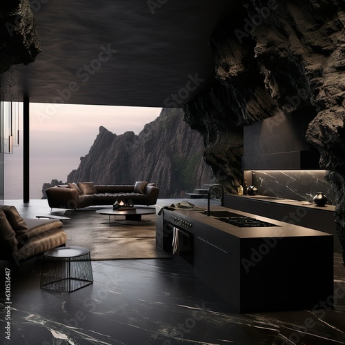 a modern luxury black chic interior cliff house  photo