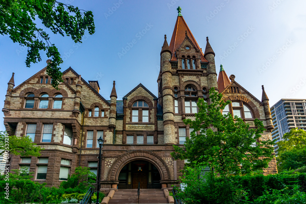 The Victoria College Building building completed in 1921 and is located at the University of Toronto's downtown.