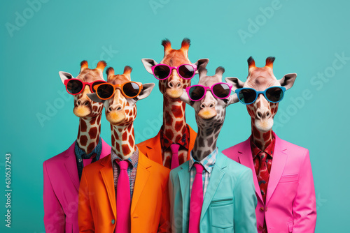 A Group of Funny Stylish Giraffes in a Glasses