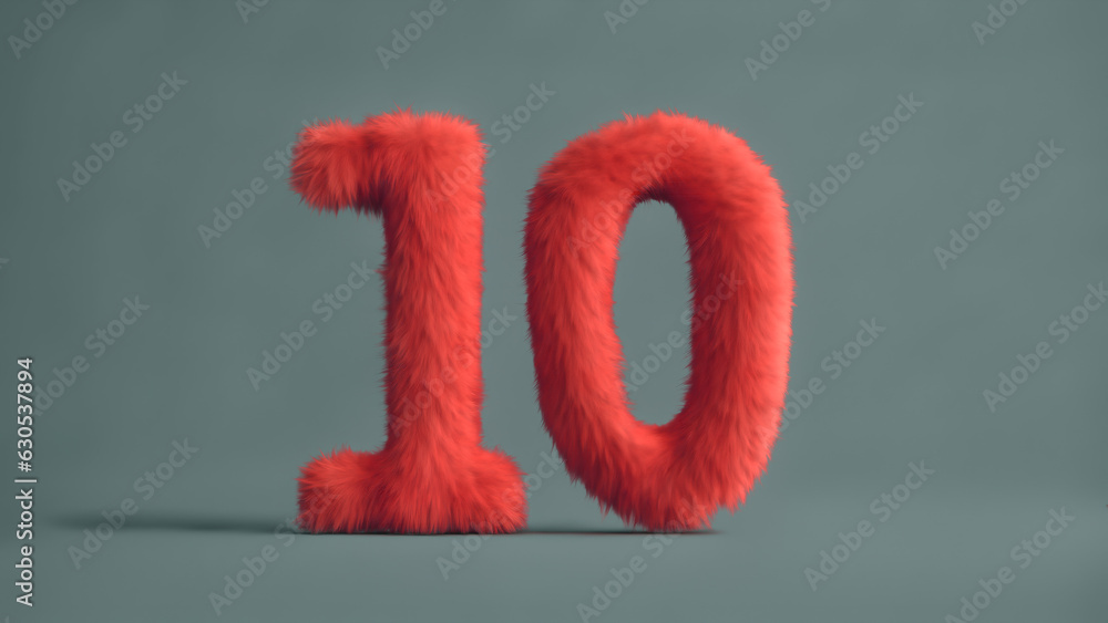 Fototapeta premium red number 10 with fur, 3d