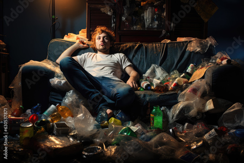 A Young Depressed Man Sits on a Sofa in a Very Dirty Room. Social Problems Concept