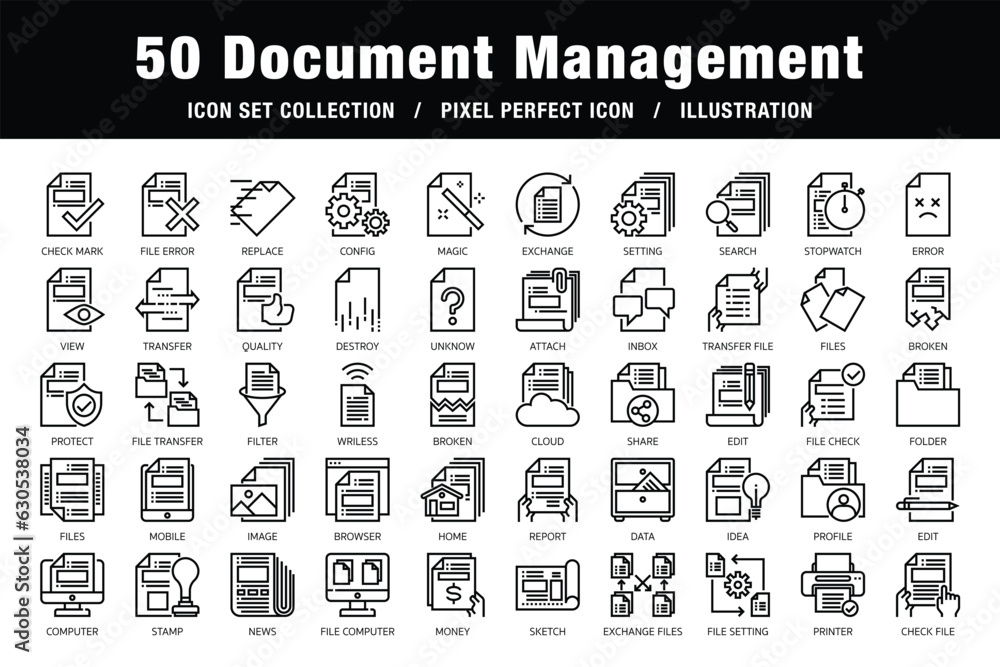 Document management outline set of icons for web design
