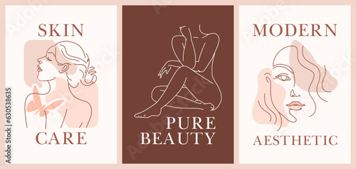 Nature beauty aesthetic Wall Art. Modern boho vibe posters. Line art female body. Brown, Earthy, nude color tone. Minimalist graphic for women skin care or self care thematic, beauty business.