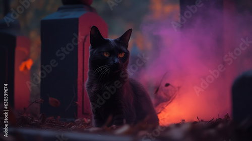 Black cat sitting on a gravestone  isolated on pastel blurred background and halloween pumpkin ornament  design for greeting card  halloween theme. Generative AI