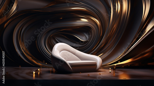 modern stylish interior with white sofa and black and gold wave backgroundp]
 photo