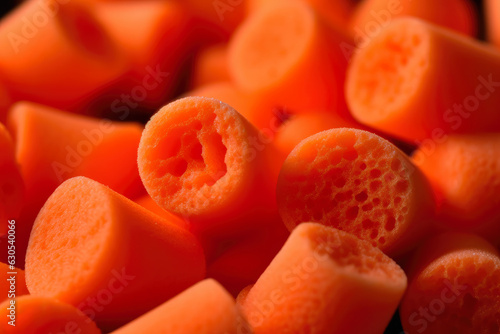 Extreme close-up of bright orange earplugs filling the frame, with intricate details of the foam material and its compressibility photo