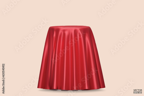 Podium covered with a piece of red silk isolated on beige background. Realistic box covered with red cloth. Podium for product, cosmetic presentation. Creative mock up. 3d vector illustration.