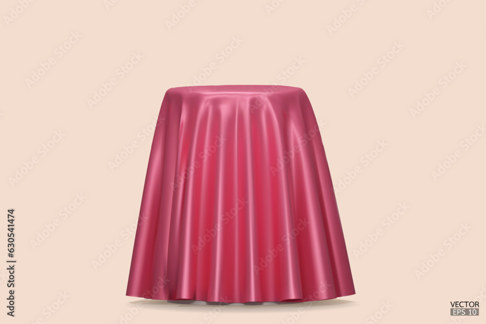 Podium covered with a piece of light pink silk isolated on beige background. Realistic box covered with pink cloth. Podium for product, cosmetic presentation. Creative mock up. 3d vector illustration. Podium covered with a piece of light pink silk isolated on beige background. Realistic box covered with pink cloth. Podium for product, cosmetic presentation. Creative mock up. 3d vector illustration.