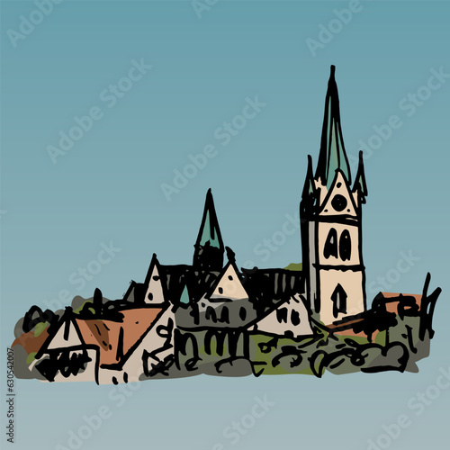 View of Bad Homburg vor der Höhe town in Germany. Church of the Redeemer or Erlöserkirche. Hand drawn colorful sketch. 
