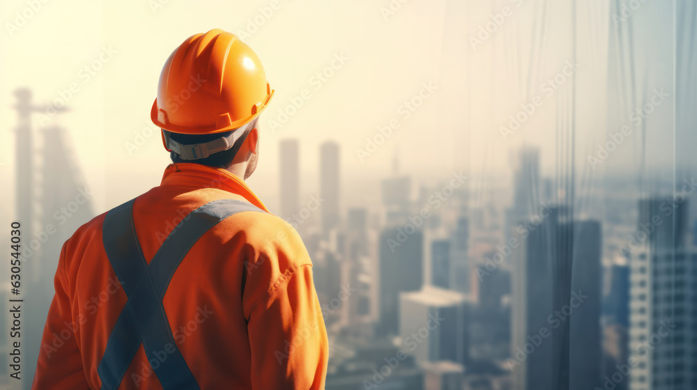 Industry worker from behind with orange safety jacket and hard hat Industry worker from behind with orange safety jacket and hard hat