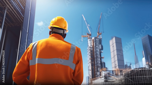 Industry worker from behind with orange safety jacket and hard hat