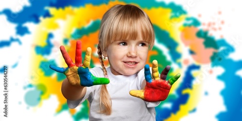 A beautiful little child with multicolored hands