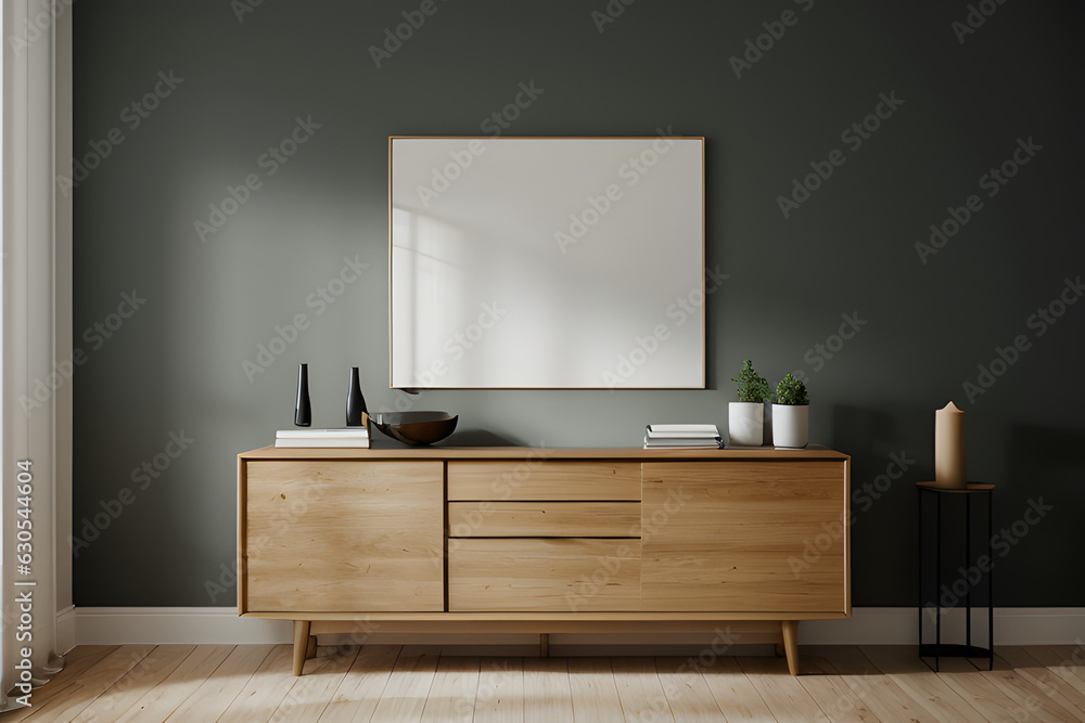 Mockup white frame on cabinet in living room interior on empty dark wall background. Mockup white frame on cabinet in living room interior on empty dark wall background.