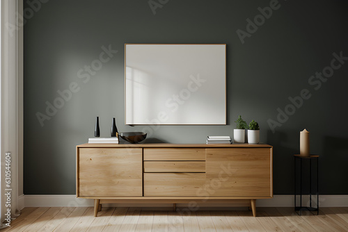 Mockup white frame on cabinet in living room interior on empty dark wall background.