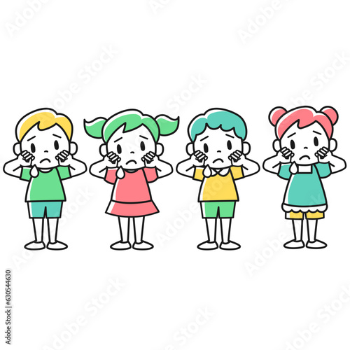 泣いている女の子と男の子のイラストセット