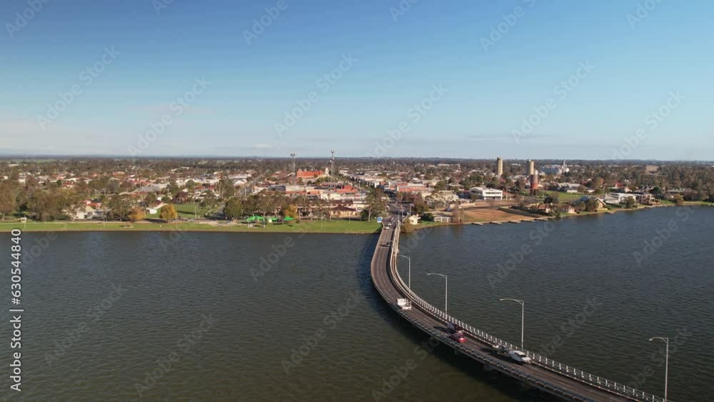 Aerial of the Yarrawonga Mulwala road bridge looking to Yarrawonga town Aerial of the Yarrawonga Mulwala road bridge looking to Yarrawonga town