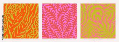 Abstract Floral Tropical Seamless Patterns Set in. Vector Palm Leaves, Leopard and Zebra Stripes Print