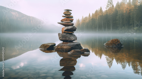 Many stones balanced and standing in front of a body of water.