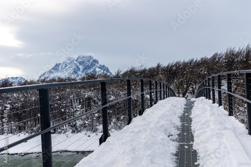 Puente para acceder al lago Grey con nieve