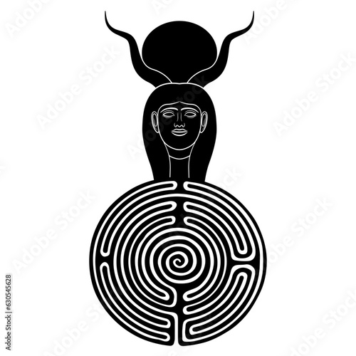 Head of ancient Egyptian goddess Hathor with animal horns and a round spiral maze or labyrinth symbol. Creative mythological concept. Black and white silhouette.