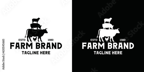 Farm logo, badge label stamp template set. Trendy retro style logotype, organic farm product food, animals, beef, goat, chicken and pork.