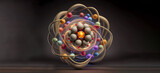 An enlarged model of an atom with a proton nucleus on a neutral abstract background. Banner. Wallpaper. AI generated