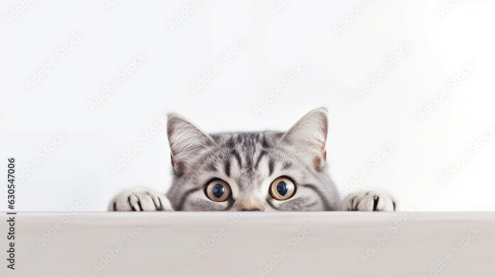 Fototapeta premium Photo of a gray Shorthair kitten frightened cat with drooping ears peeking out from behind a white table with copy space