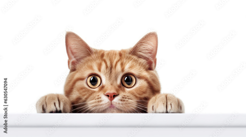 Photo of a red Shorthair kitten frightened cat with drooping ears peeking out from behind a white table with copy space