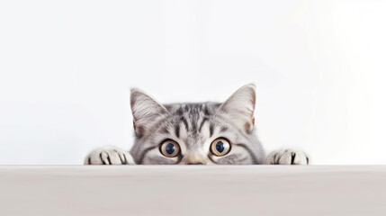 Photo of a gray Shorthair kitten frightened cat with drooping ears peeking out from behind a white table with copy space