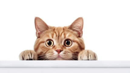 Photo of a red Shorthair kitten frightened cat with drooping ears peeking out from behind a white table with copy space