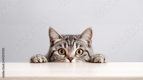 Photo of a gray Shorthair kitten frightened cat with drooping ears peeking out from behind a white table with copy space