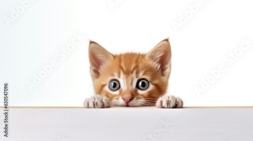 Photo of a red Shorthair kitten frightened cat with drooping ears peeking out from behind a white table with copy space © tashechka