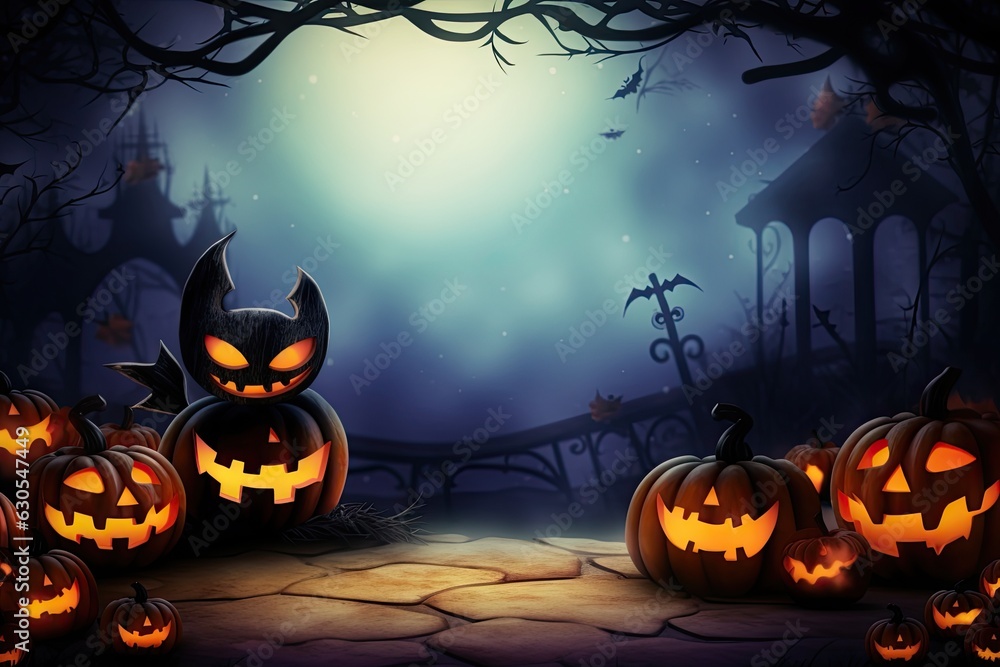 Halloween creepy background with pumpkin and bats