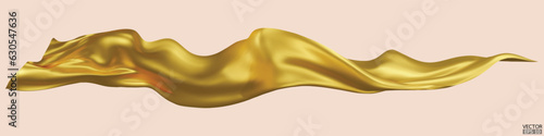 Flying gold silk textile fabric flag background. Smooth elegant golden Satin Isolated on beige Background for grand opening ceremony. Gold curtain. 3d vector illustration