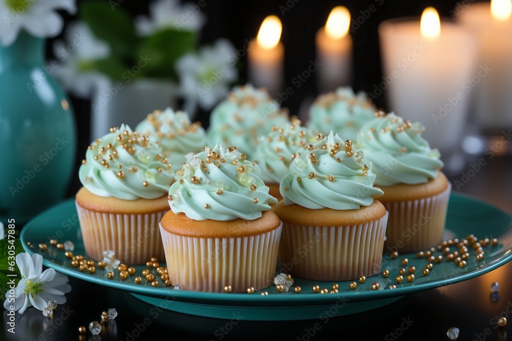 Delicious cupcakes adorned with teal frosting and decorations, arranged in a thematic display. Delicious cupcakes adorned with teal frosting and decorations, arranged in a thematic display.