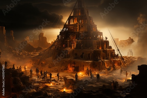  The Tower of Babel's construction, golden-tinted, with builders in confusion, symbolizing ambition and chaos. photo