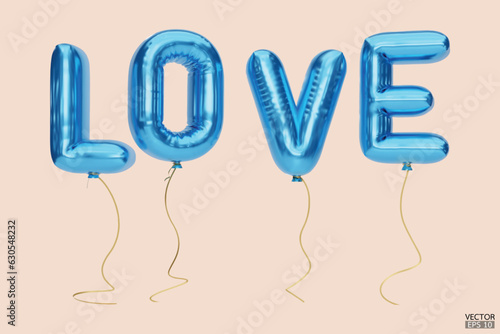 3D blue letter love balloons. Love blue characters balloons in the air. For celebration, party, date, invitations, event, card, and Valentine's Day.  3d vector illustration.