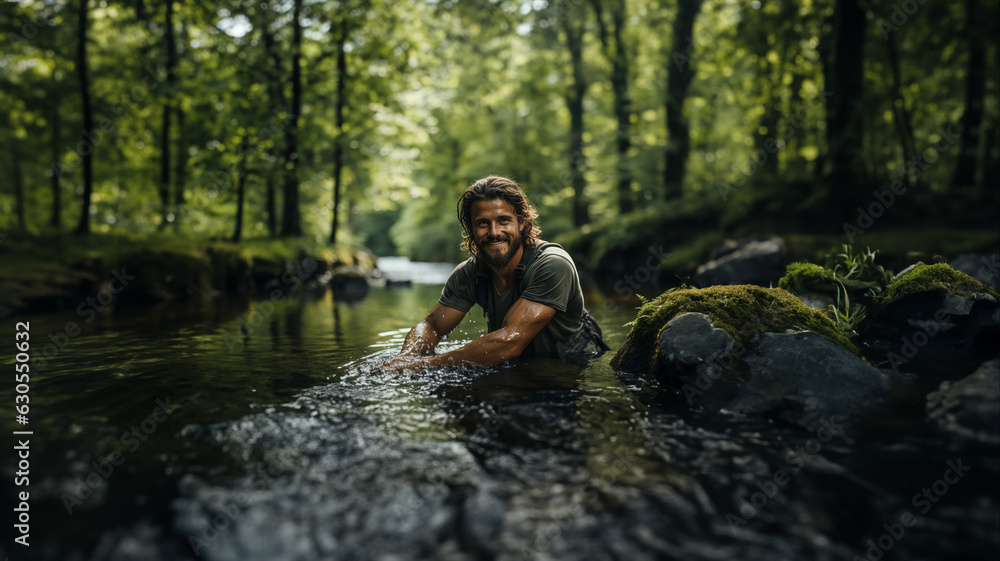 Man sitting in river trying to catch fish, Ai Generated Man sitting in river trying to catch fish, Ai Generated