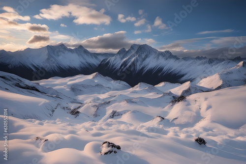 Blue skies, clouds, white nights, mountains, snow. Generative AI