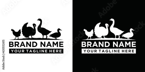 Poultry farm logo template, chicken farm, turkey farm, duck farm, goose farm. goose, duck, turkey, chicken symbol in black and white.