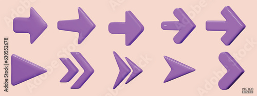 Set of purple vector arrows. Shiny 3d glass Arrows icon. Arrows Cartoon minimal style collection. 3d vector illustration.