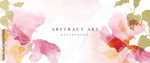 Abstract floral art background vector. Botanical watercolor hand drawn flowers paint brush line art. Design illustration for wallpaper, banner, print, poster, cover, greeting and invitation card.
