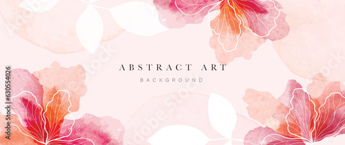 Abstract floral art background vector. Botanical watercolor hand drawn flowers paint brush line art. Design illustration for wallpaper, banner, print, poster, cover, greeting and invitation card.