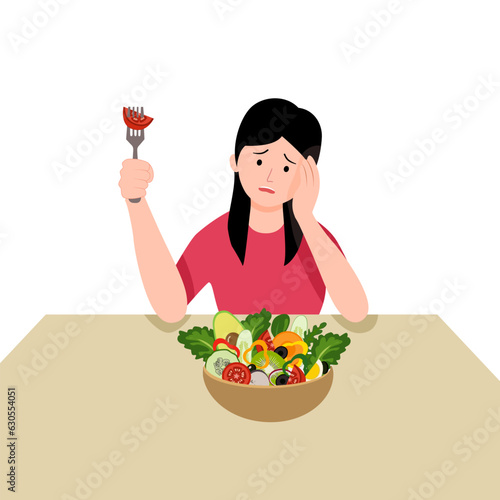 Woman bored with food because appetite as a result of an illness, psychological causes including depression, certain medical conditions, and as a side effect of medication. 