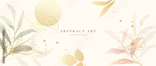 Floral in watercolor vector background. Luxury wallpaper design with pink flowers, line art, watercolor, flower garden. Elegant gold blossom flowers illustration suitable for fabric, prints, cover.