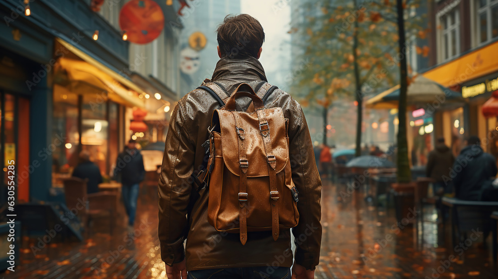 man walks down the street, carrying a bag